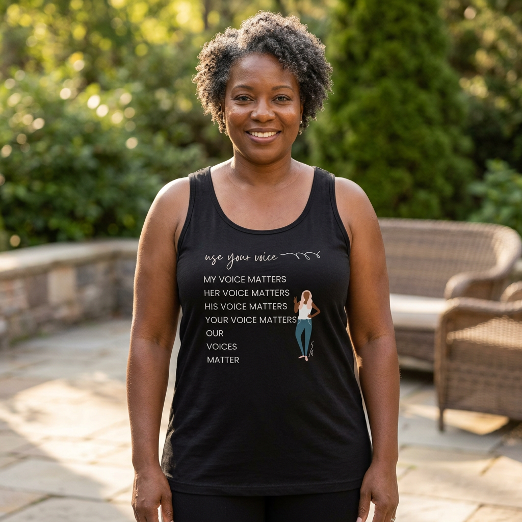 Woman modeling the Our Voices Matter tank top