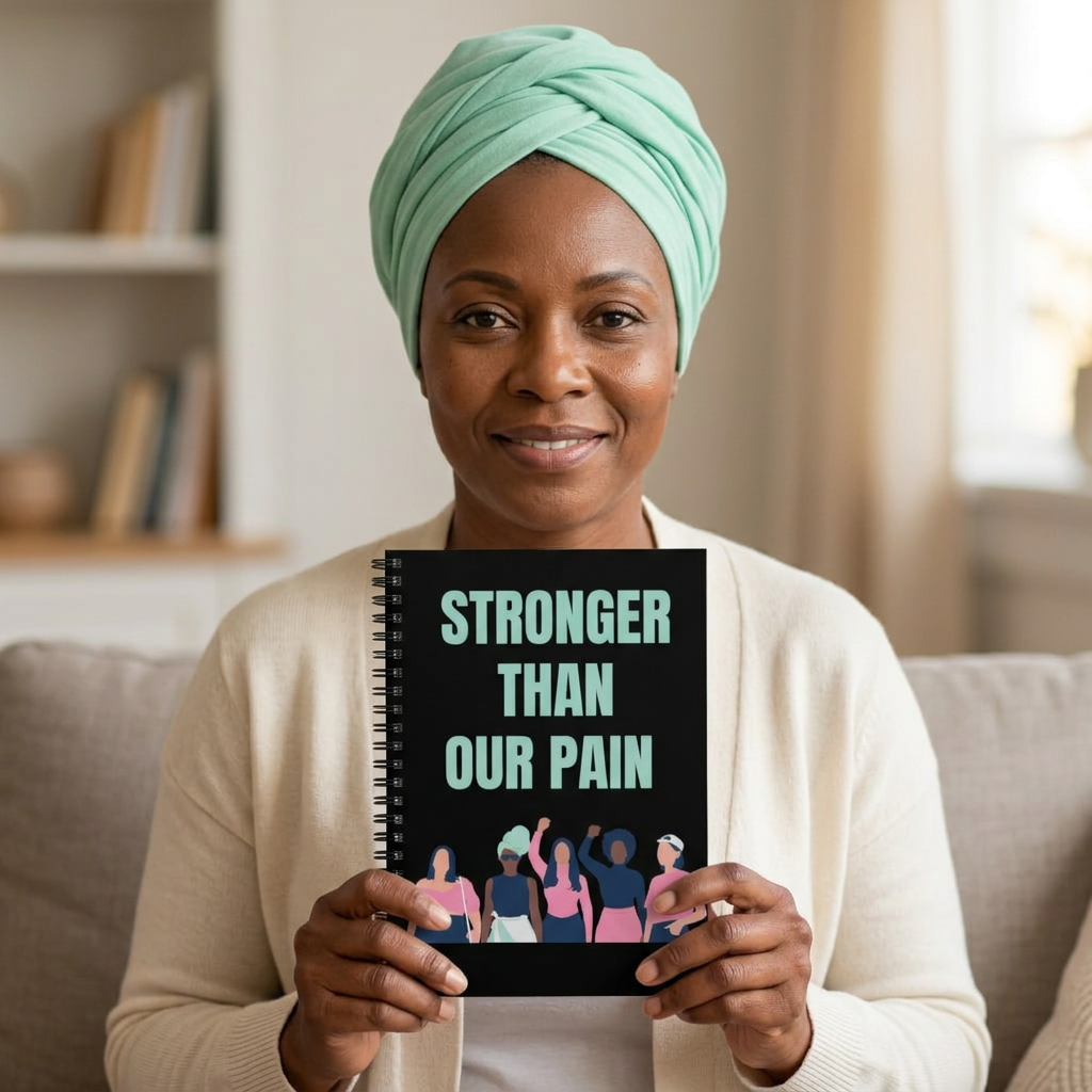 Woman wearing a mint headwrap holding the Stronger Than Our Pain notebook